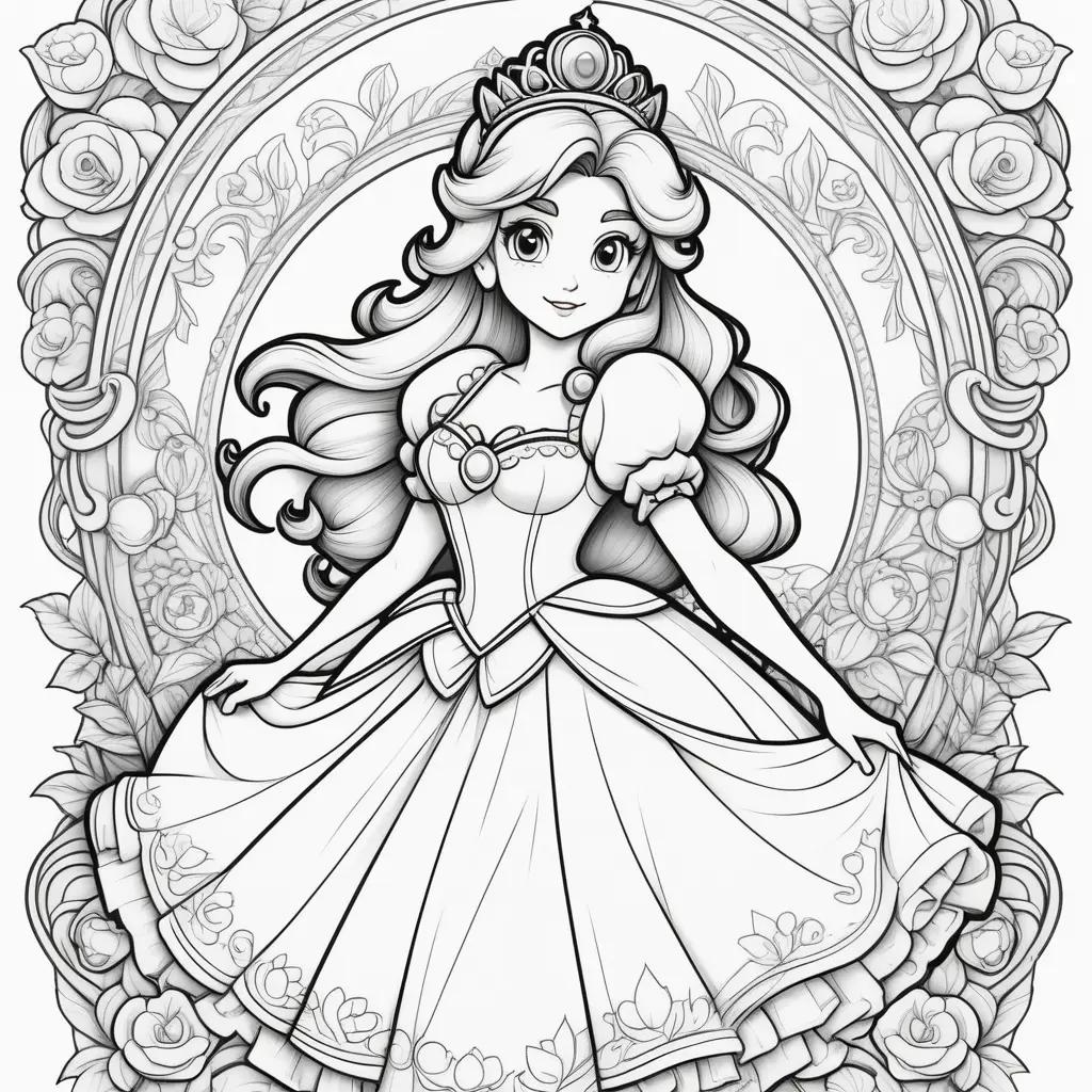 Black and white coloring page of a princess peach