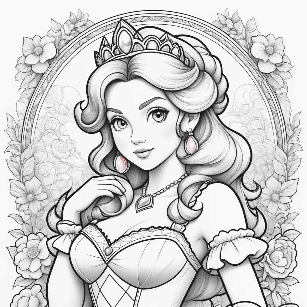 Black and white coloring page of a princess peach