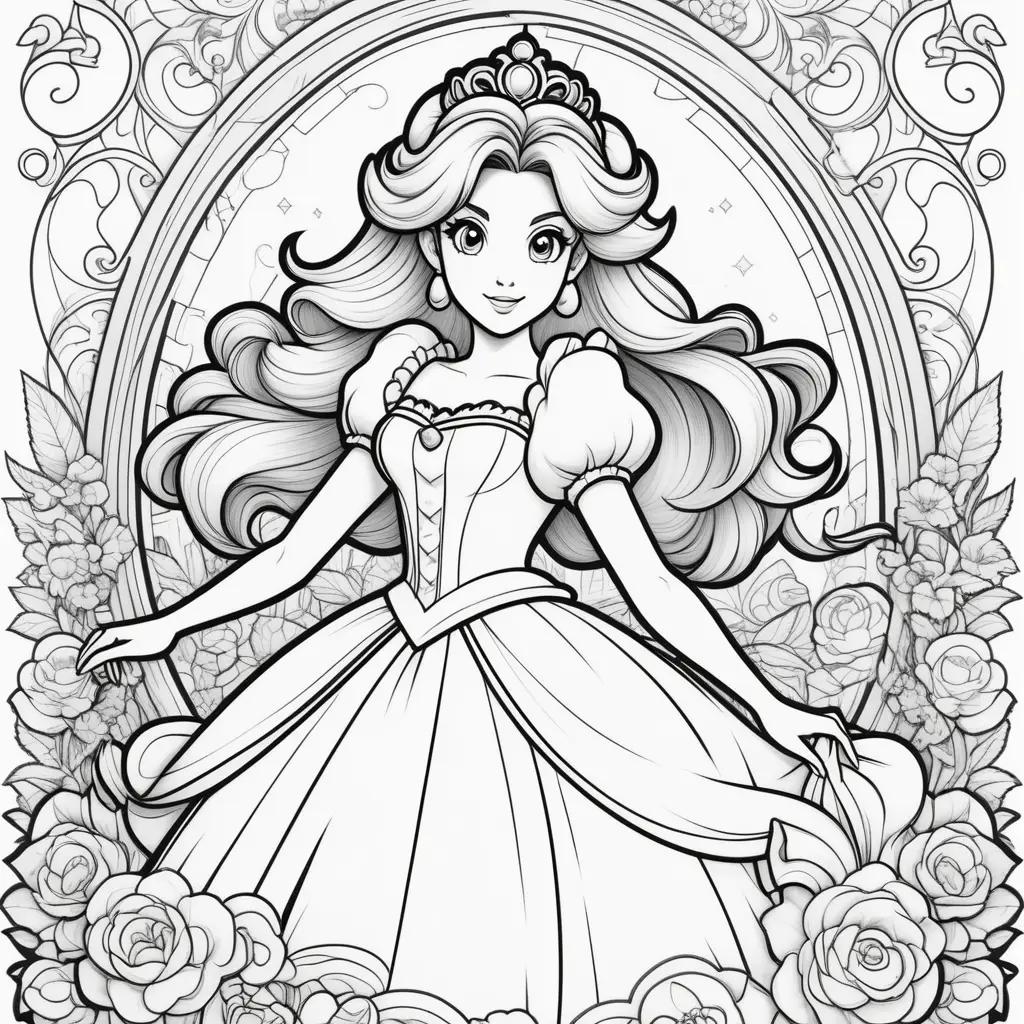 Black and white coloring page of a princess peaches