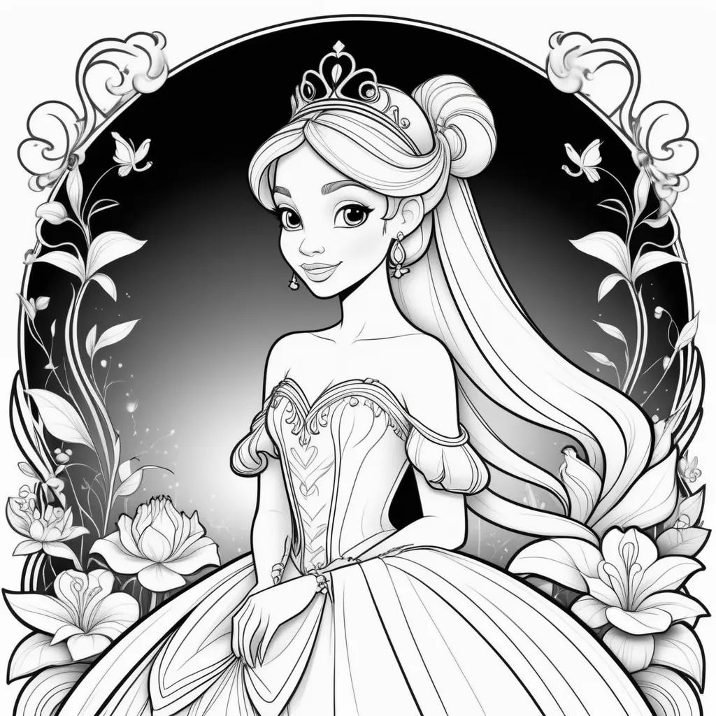 Black and white coloring page of a princess with a frog