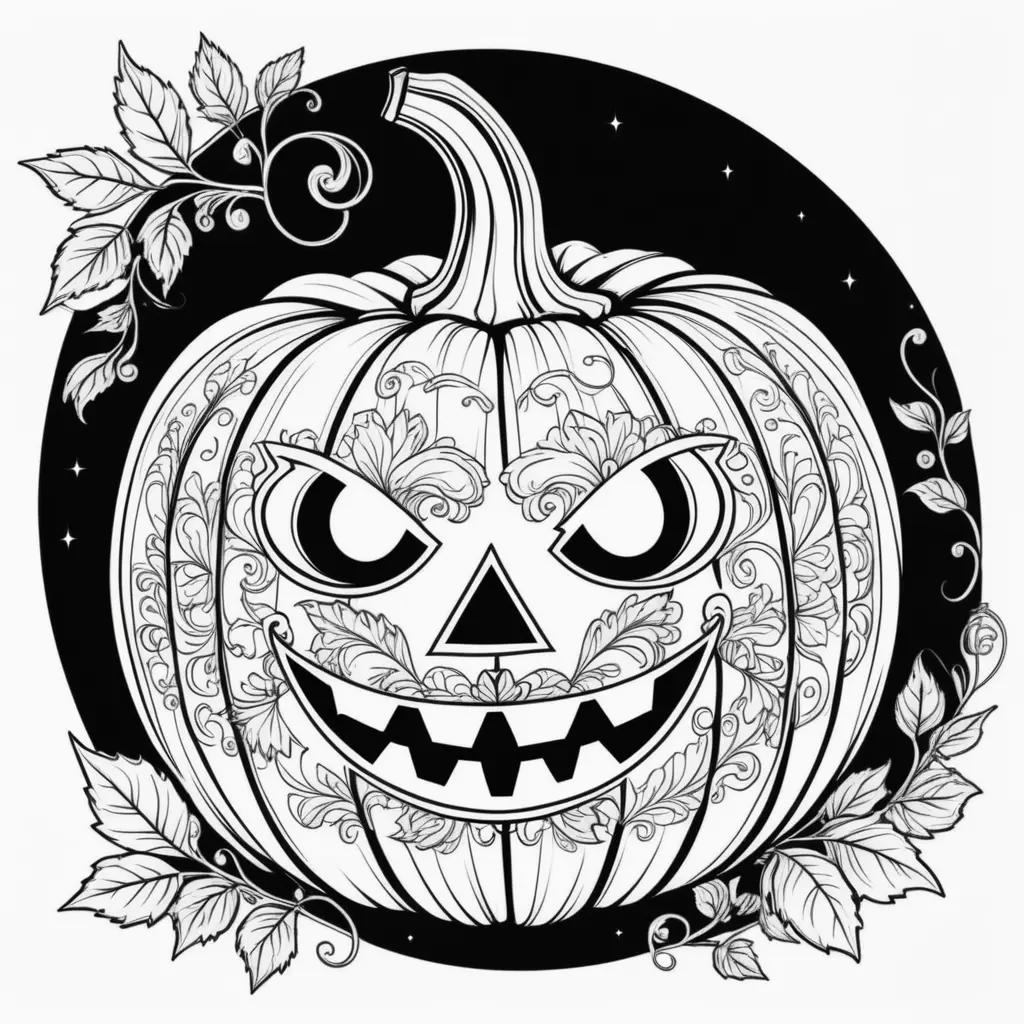 Black and white coloring page of a pumpkin with a face