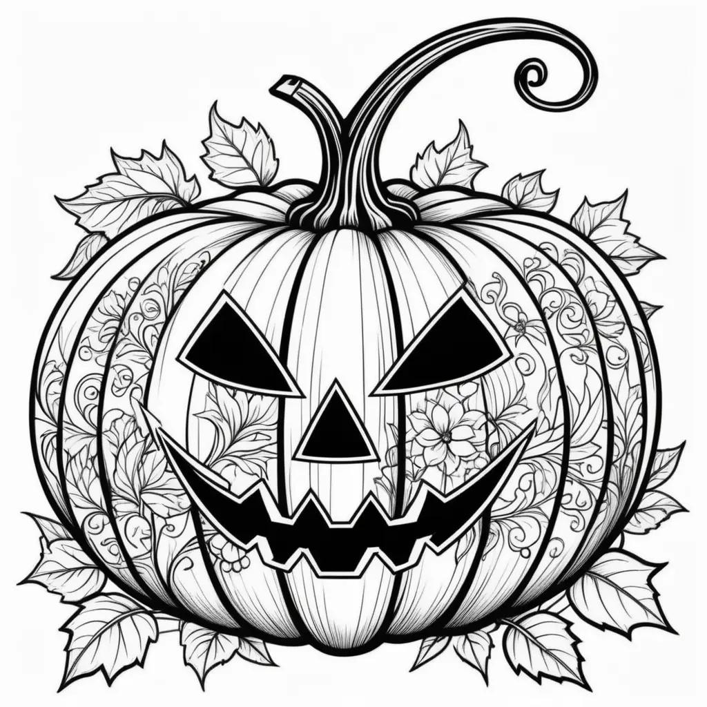 Black and white coloring page of a pumpkin with leaves