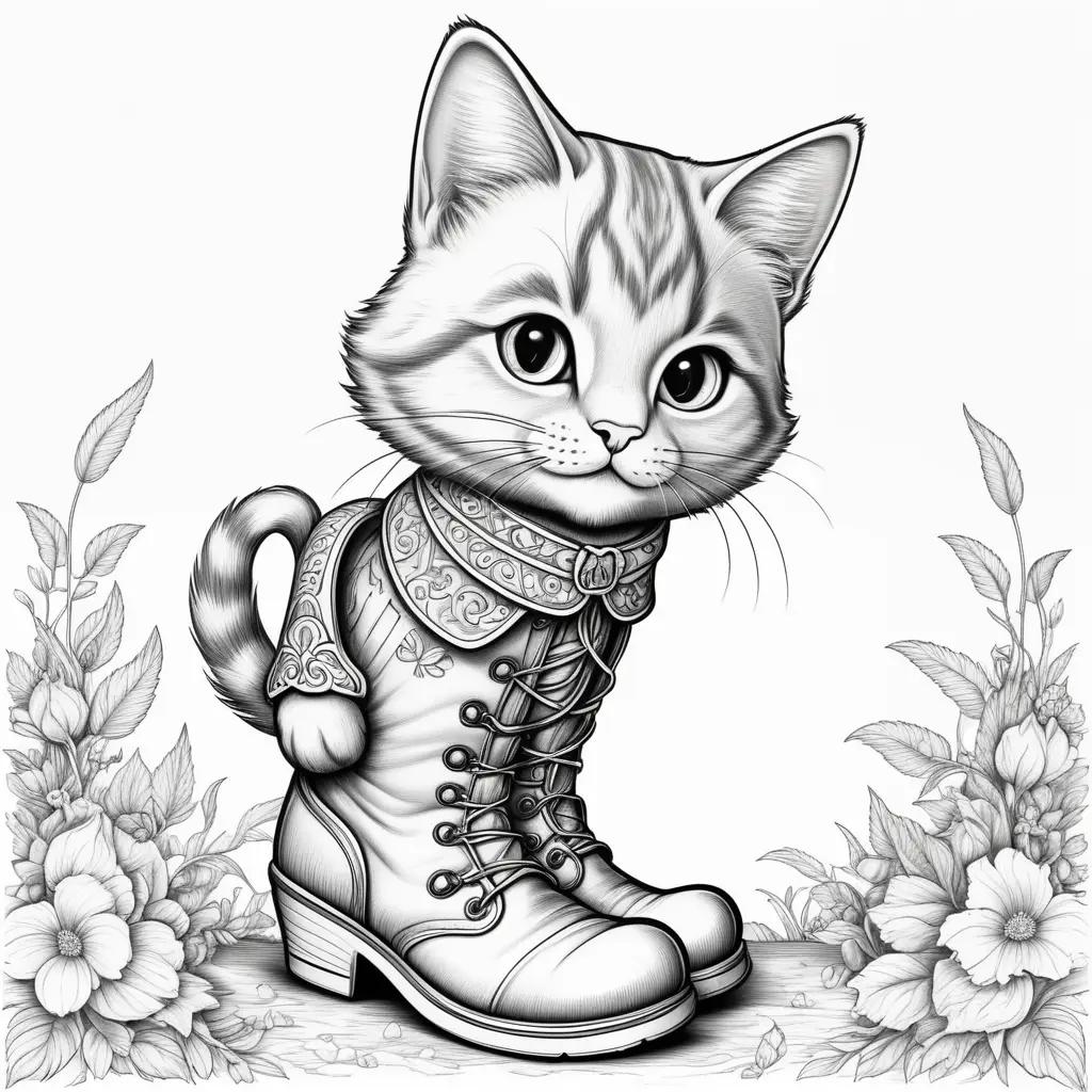 Black and white coloring page of a puss in boots