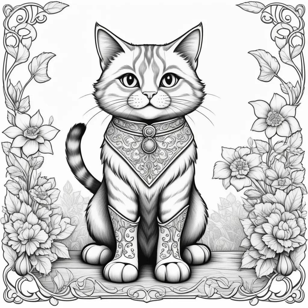 Black and white coloring page of a puss in boots with flowers and jewelry