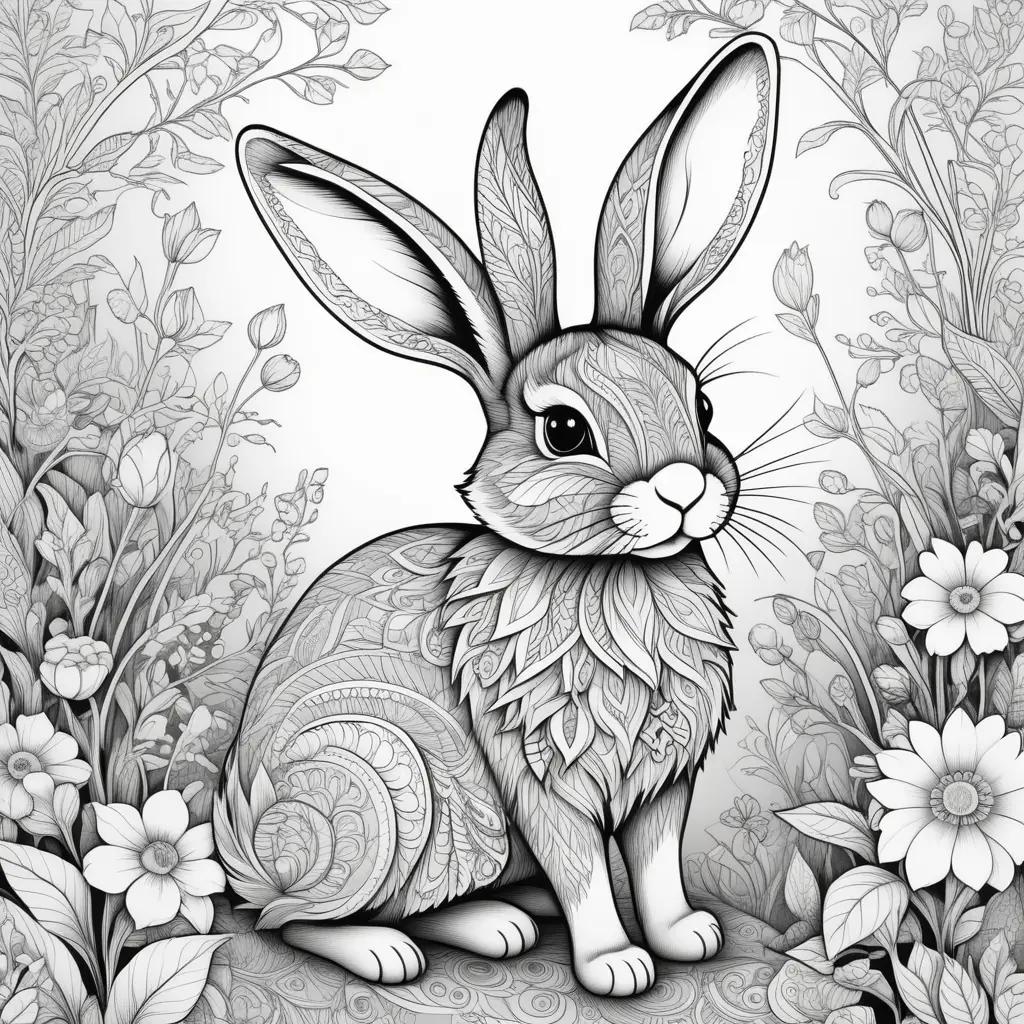 Black and white coloring page of a rabbit with flowers