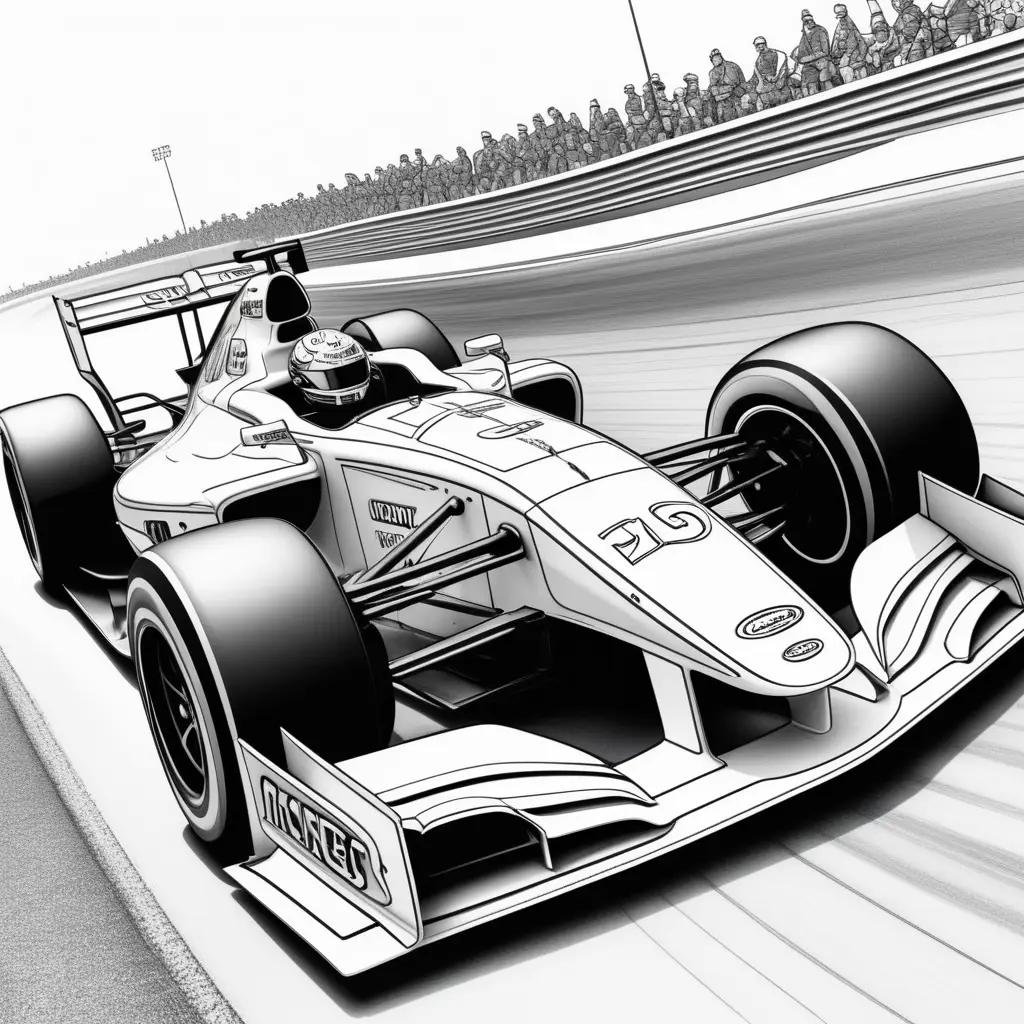 Black and white coloring page of a race car on a track