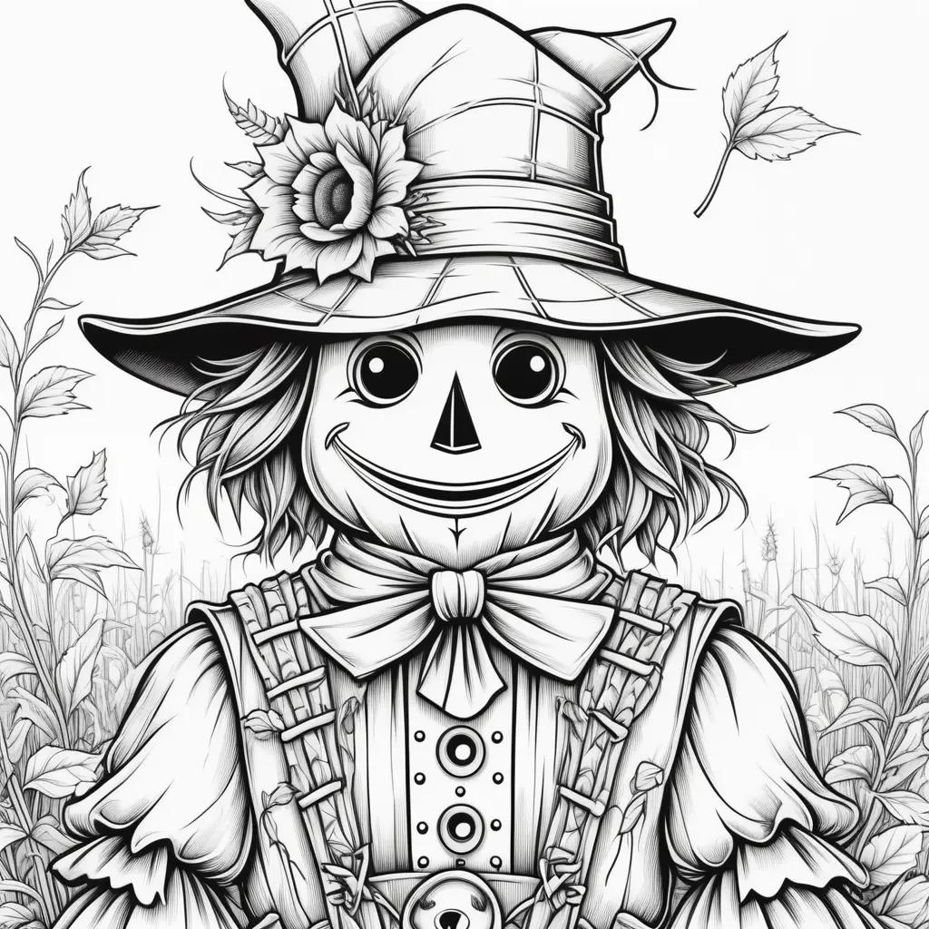 Black and white coloring page of a scarecrow with a hat and flower