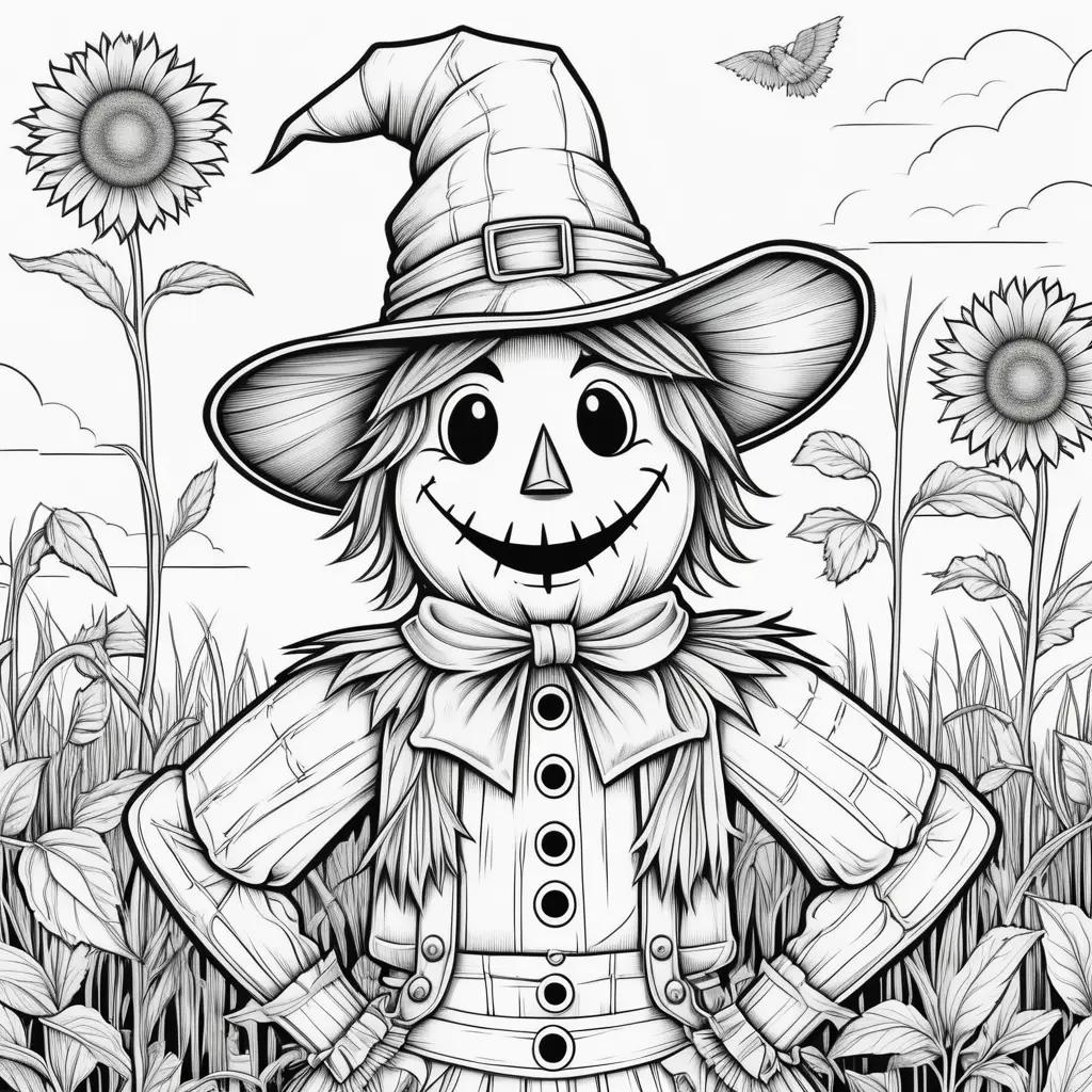 Black and white coloring page of a scarecrow with a smiling face