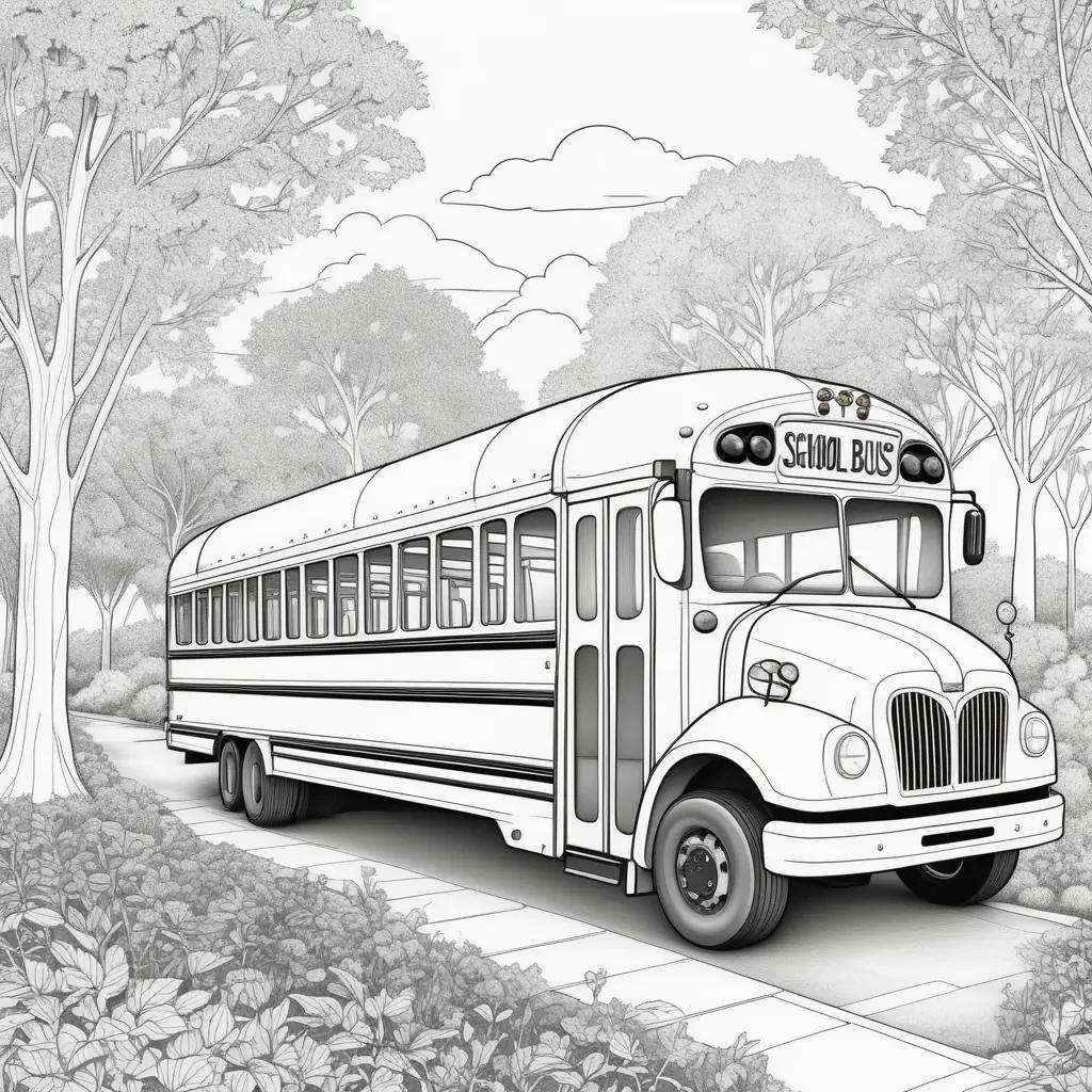 Black and white coloring page of a school bus