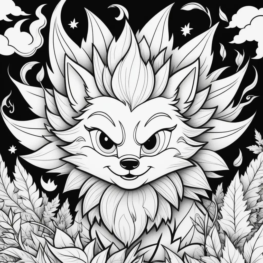 Black and white coloring page of a smiling fox with a fire-like expression