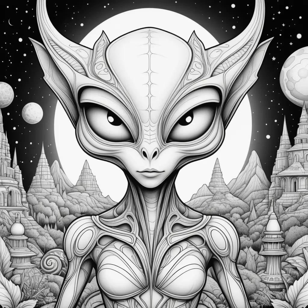 Black and white coloring page of a space alien