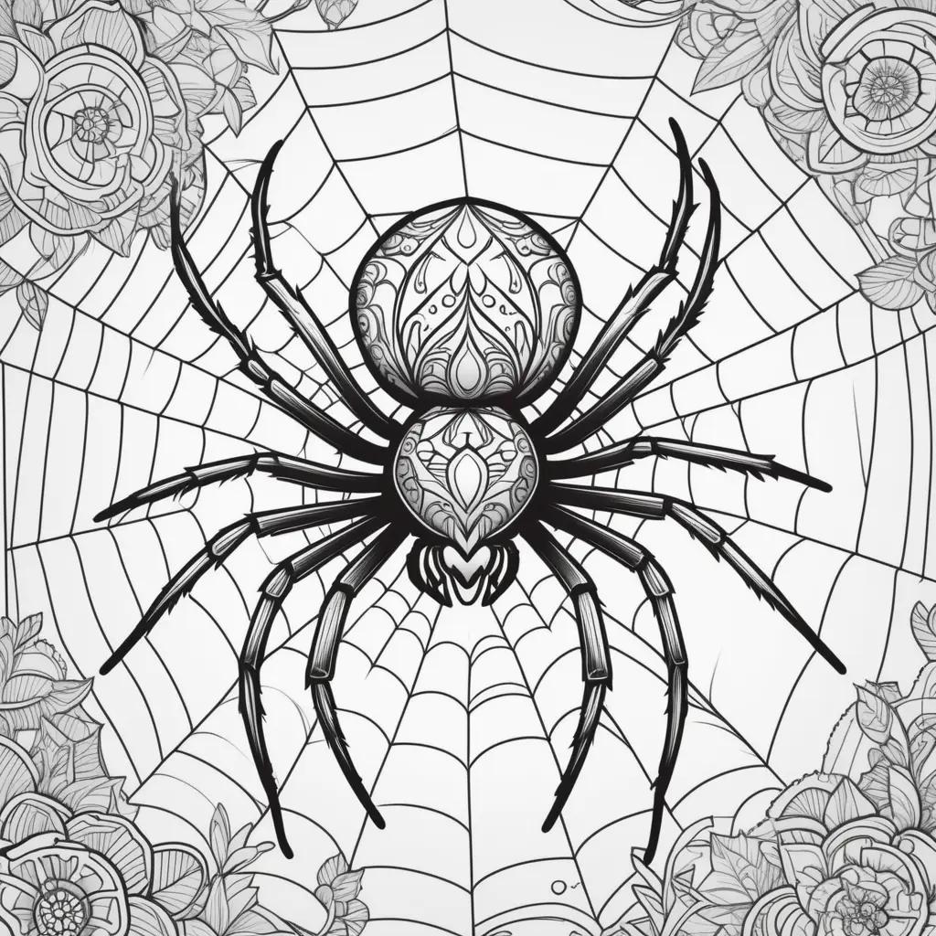 Black and white coloring page of a spider with intricate design