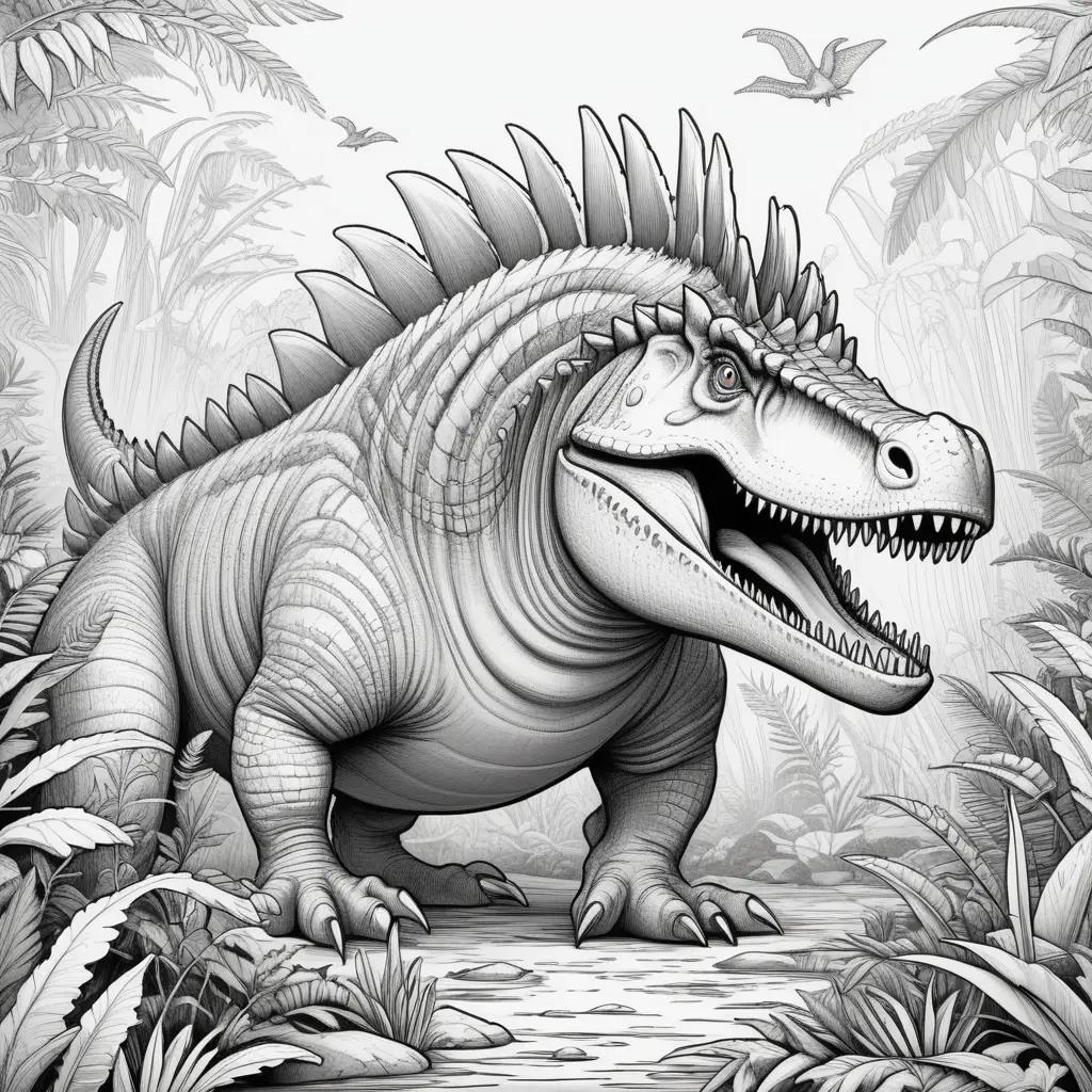 Black and white coloring page of a spinosaurus