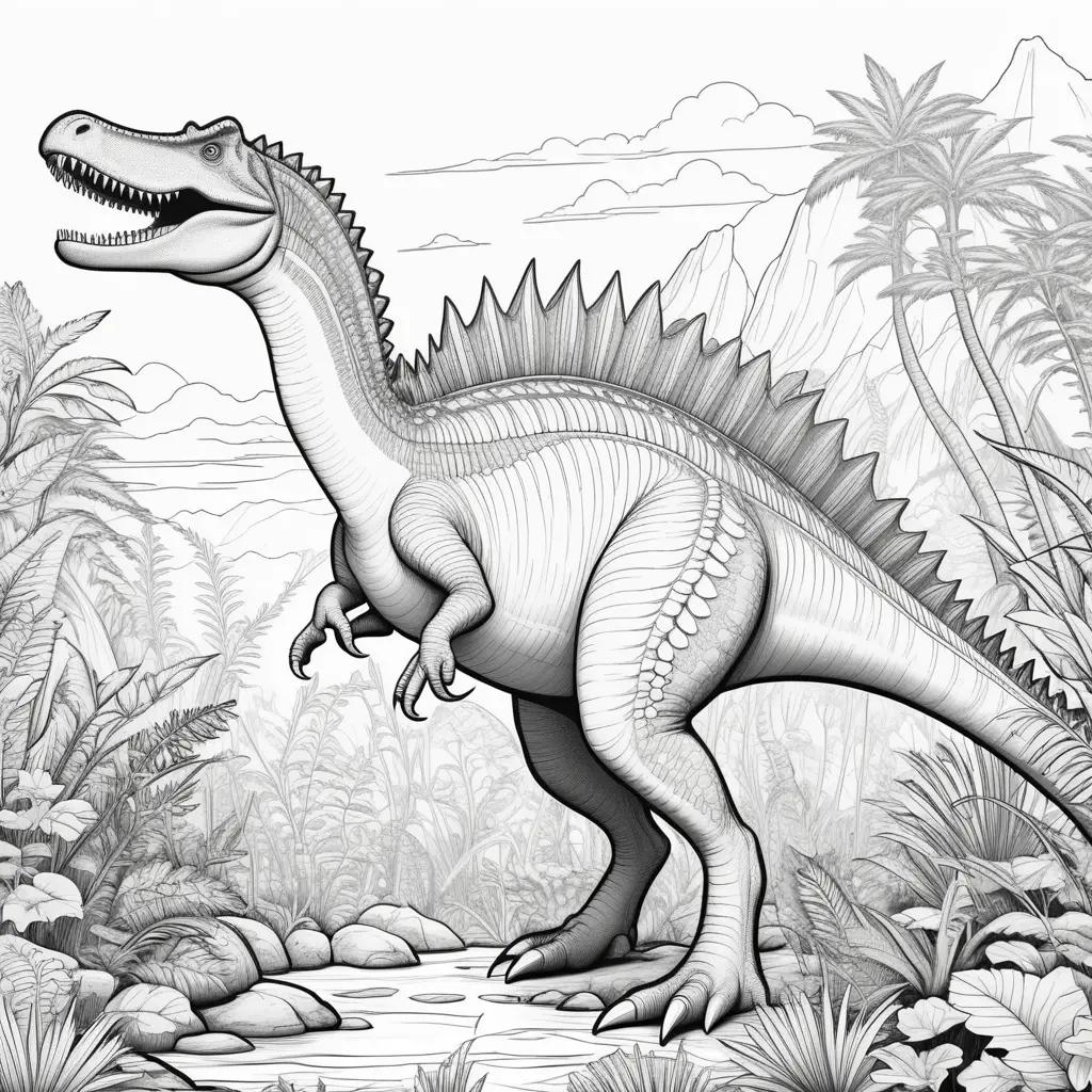 Black and white coloring page of a spinosaurus dinosaur