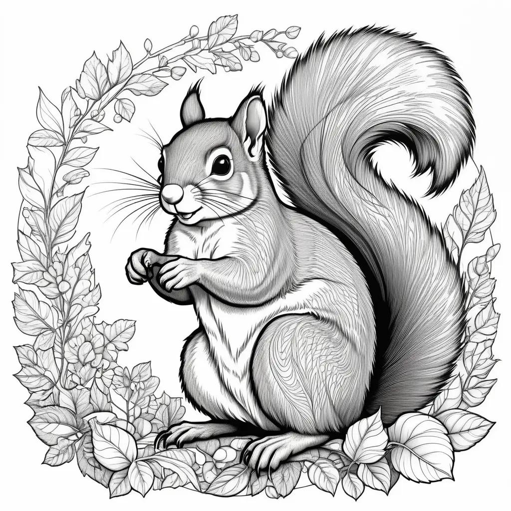 Black and white coloring page of a squirrel