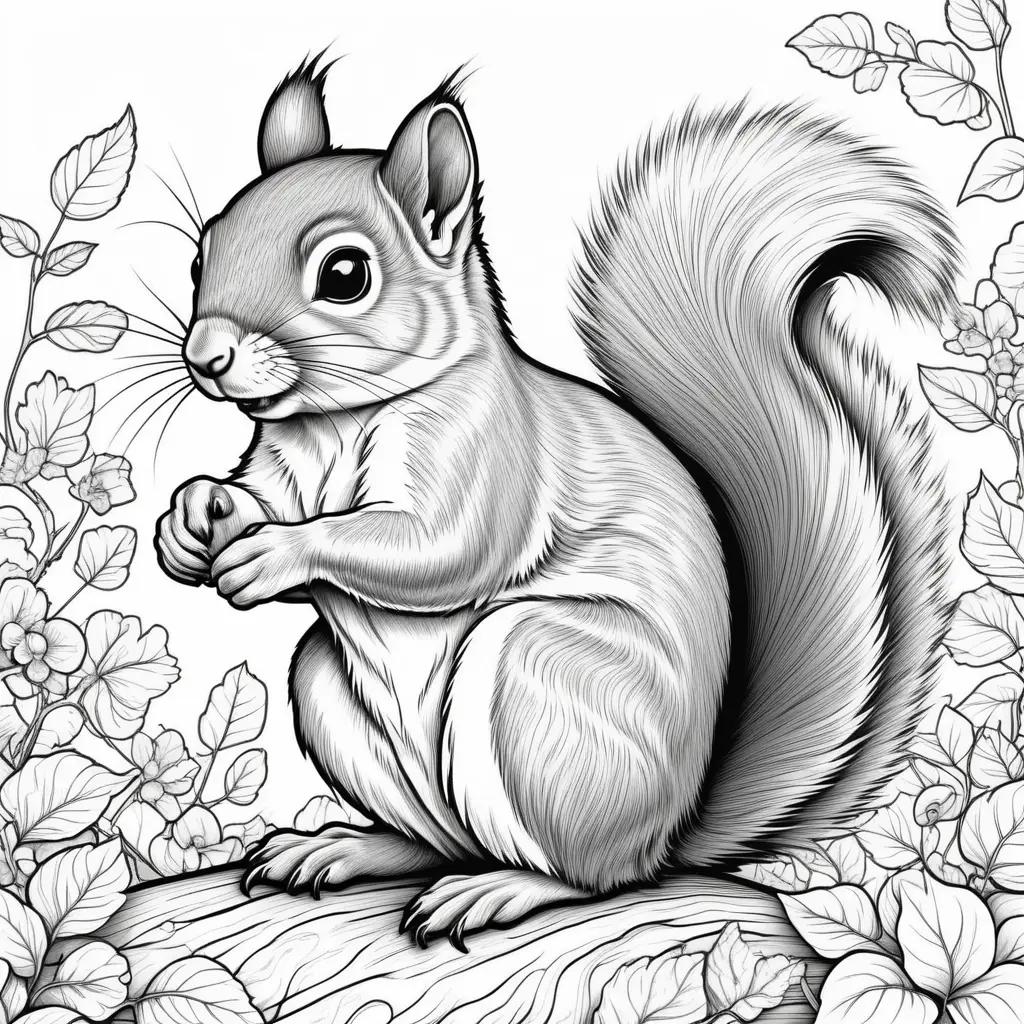 Black and white coloring page of a squirrel eating a nut