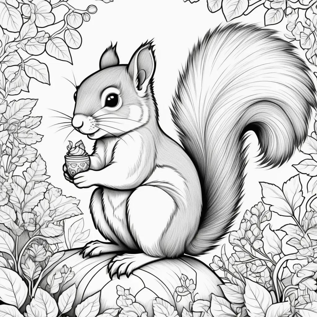 Black and white coloring page of a squirrel holding a pumpkin