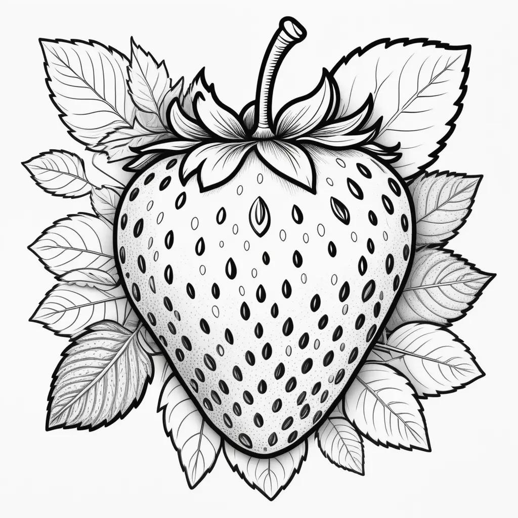 Black and white coloring page of a strawberry with leaves