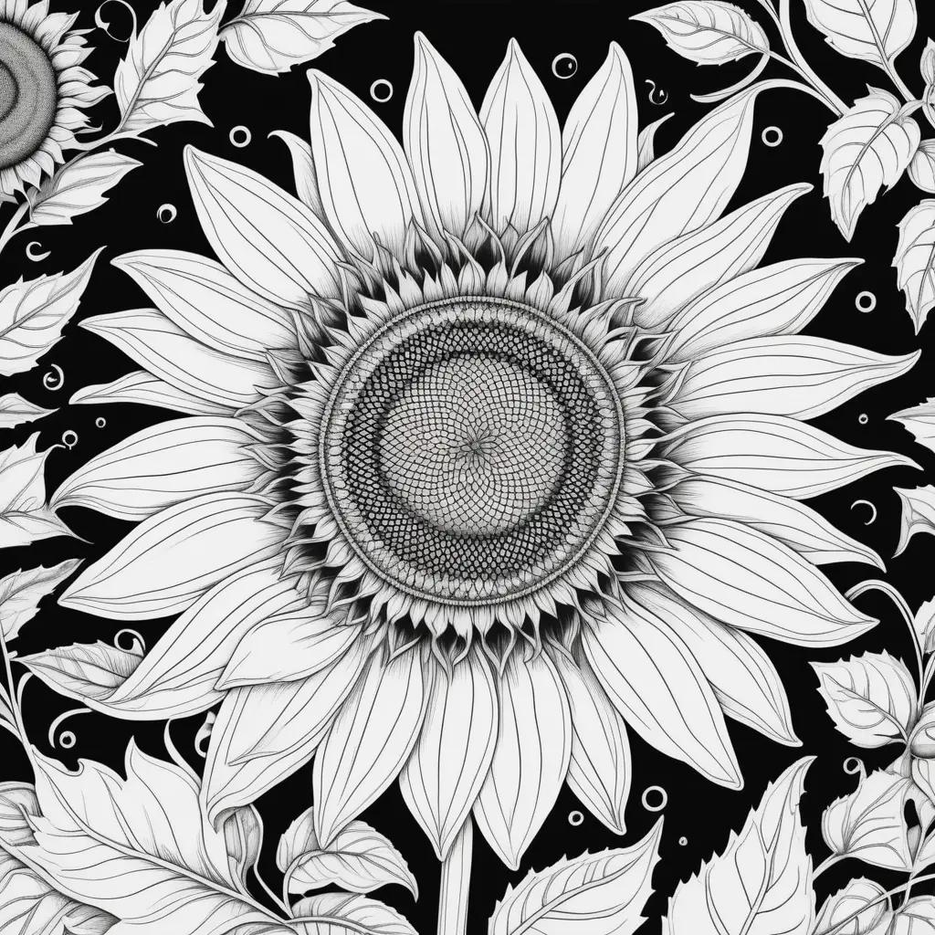 Black and white coloring page of a sunflowers with leaves