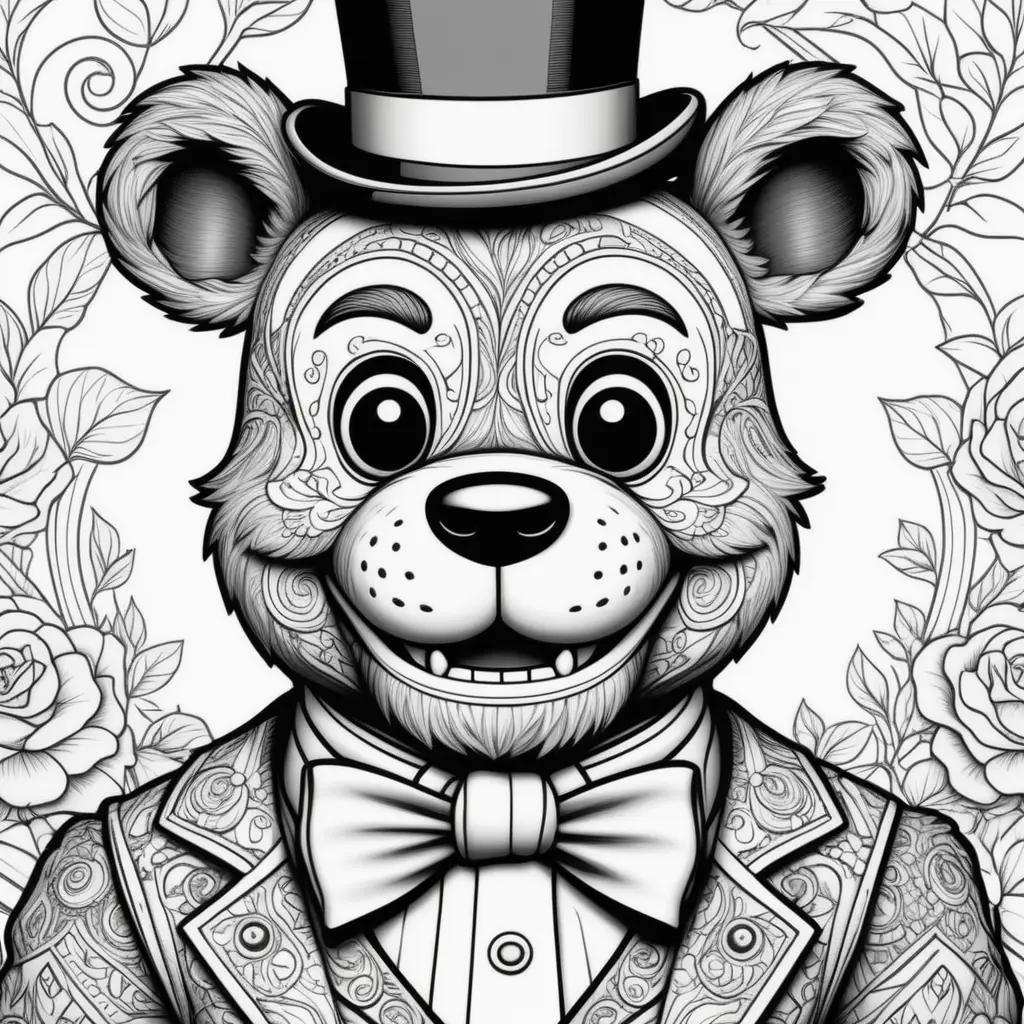 Black and white coloring page of a teddy bear dressed as Freddy Fazbear from the game