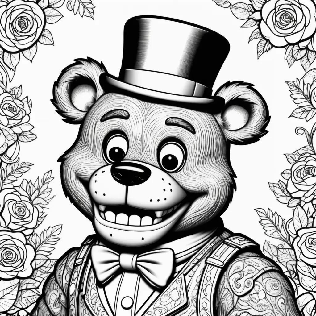 Black and white coloring page of a teddy bear in a top hat