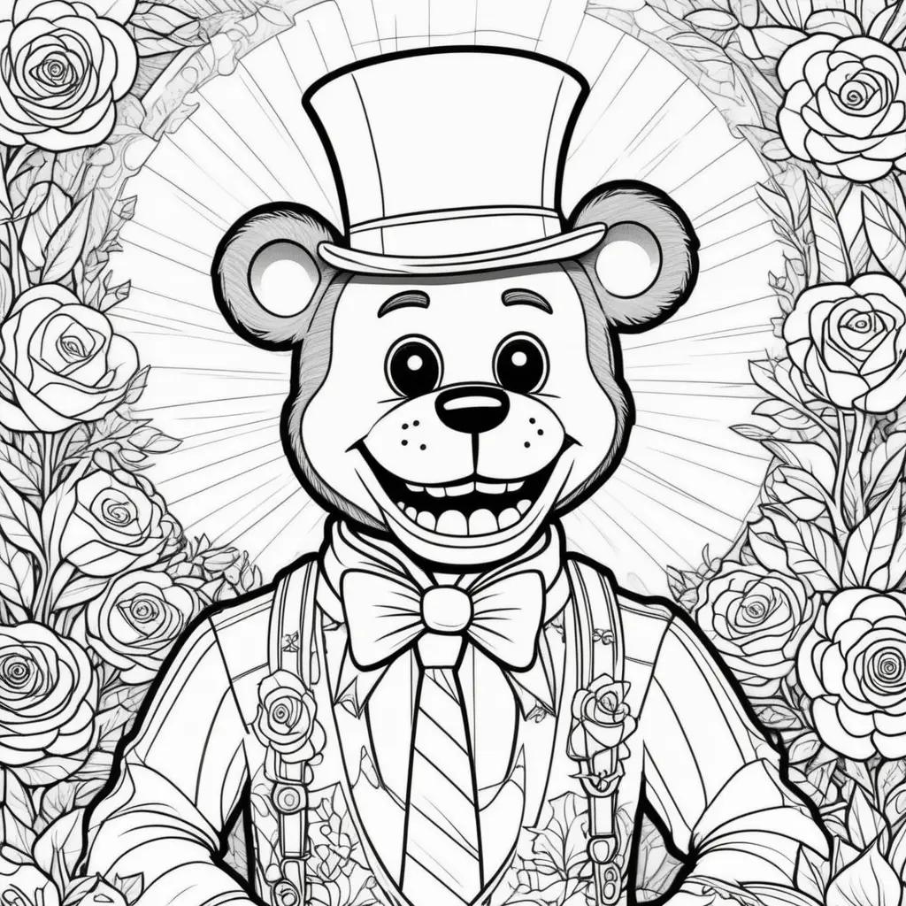 Black and white coloring page of a teddy bear with a top hat and bow tie