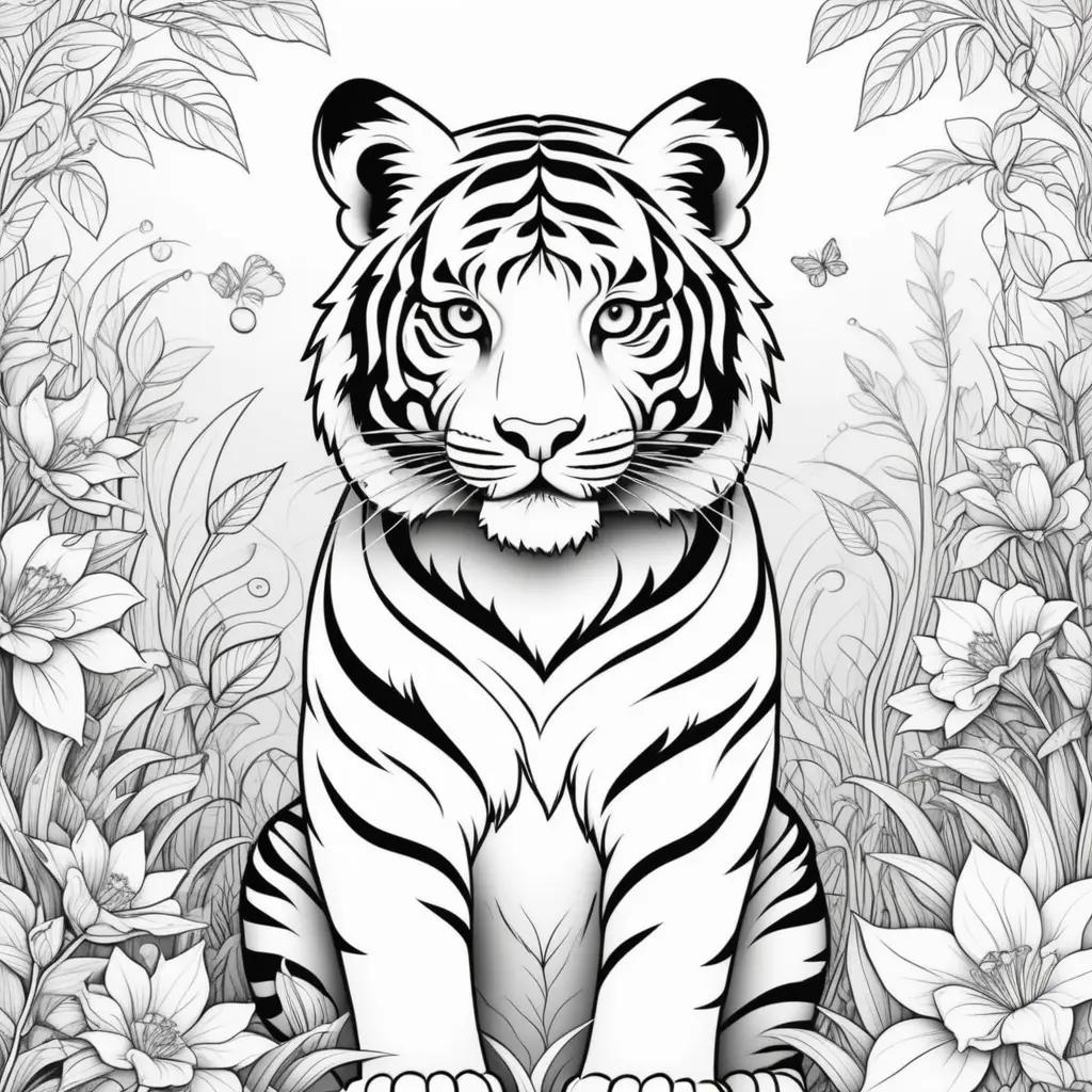 Black and white coloring page of a tiger in a flower garden