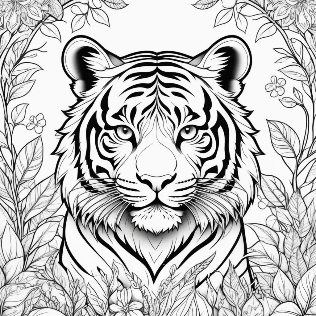 Black and white coloring page of a tiger surrounded by flowers