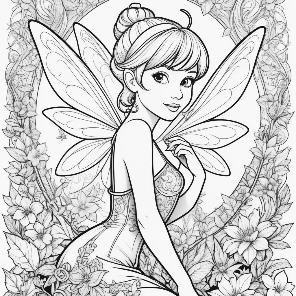 Black and white coloring page of a tinkerbell fairy