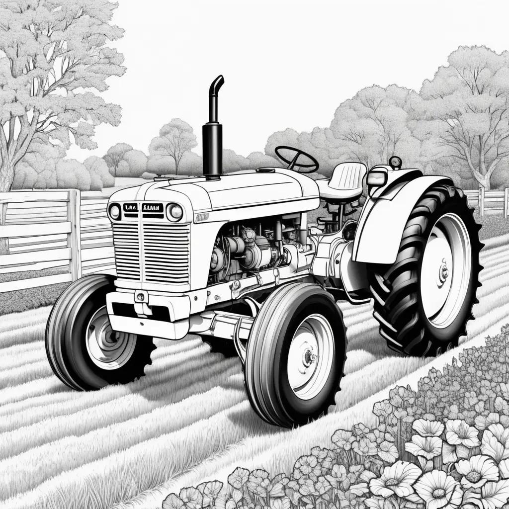 Black and white coloring page of a tractor in a field