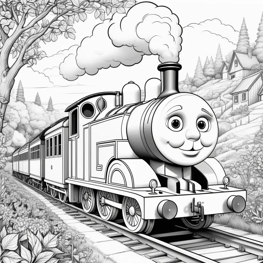 Black and white coloring page of a train with steam