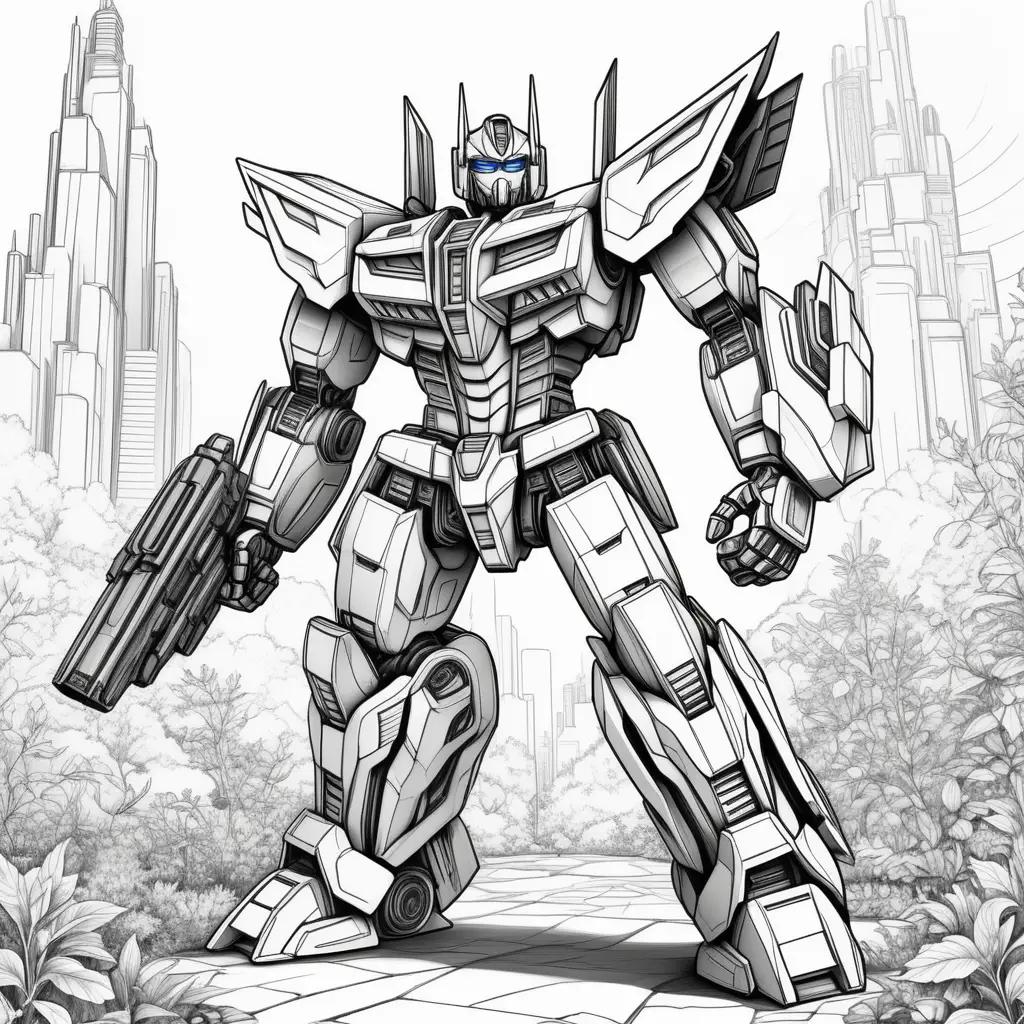 Black and white coloring page of a transformer robot