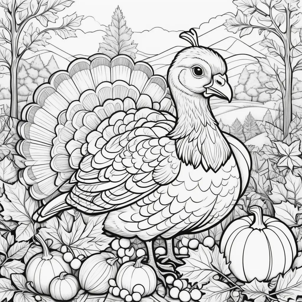 Black and white coloring page of a turkey in a Thanksgiving setting