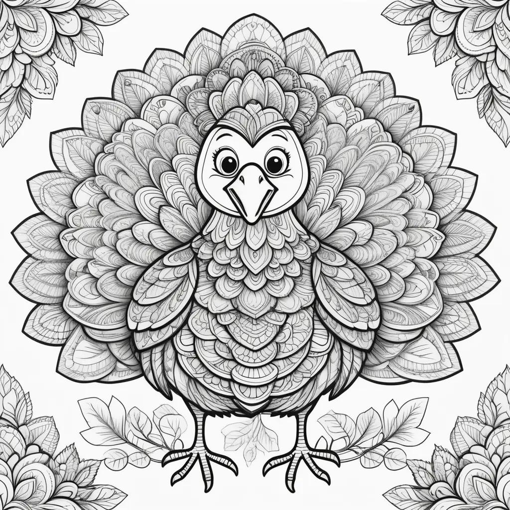 Black and white coloring page of a turkey on a leaf