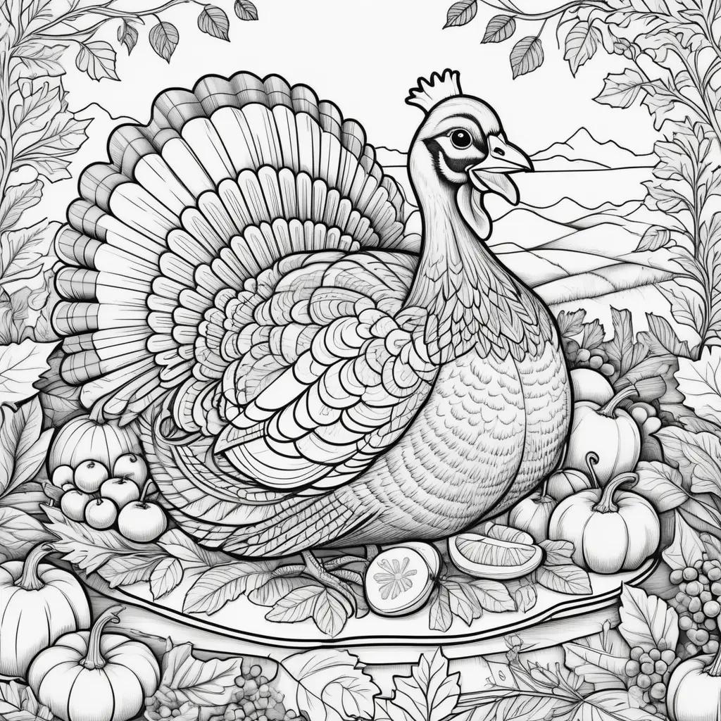 Black and white coloring page of a turkey on a plate with other fruits and vegetables