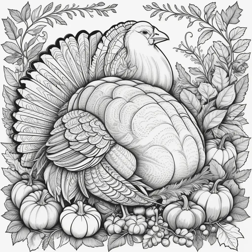 Black and white coloring page of a turkey surrounded by pumpkins and leaves