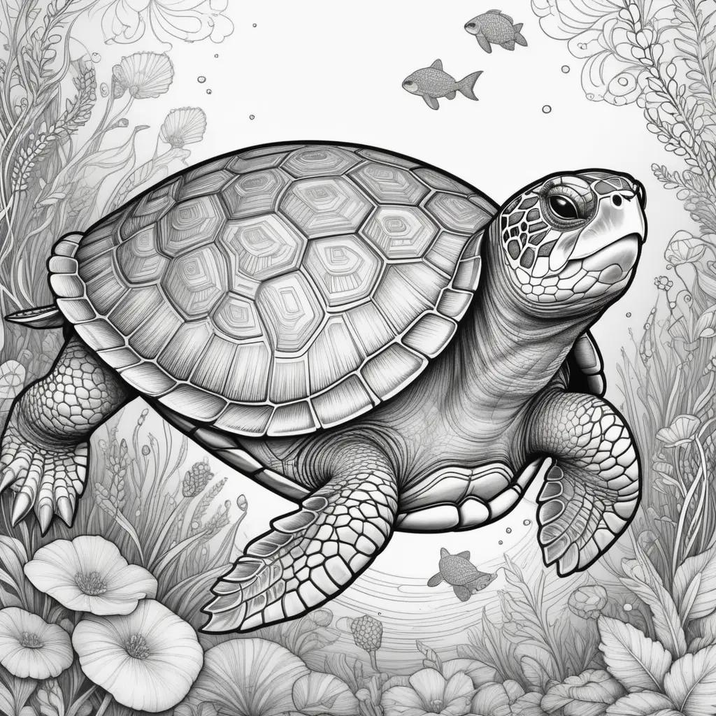 Black and white coloring page of a turtle and fish