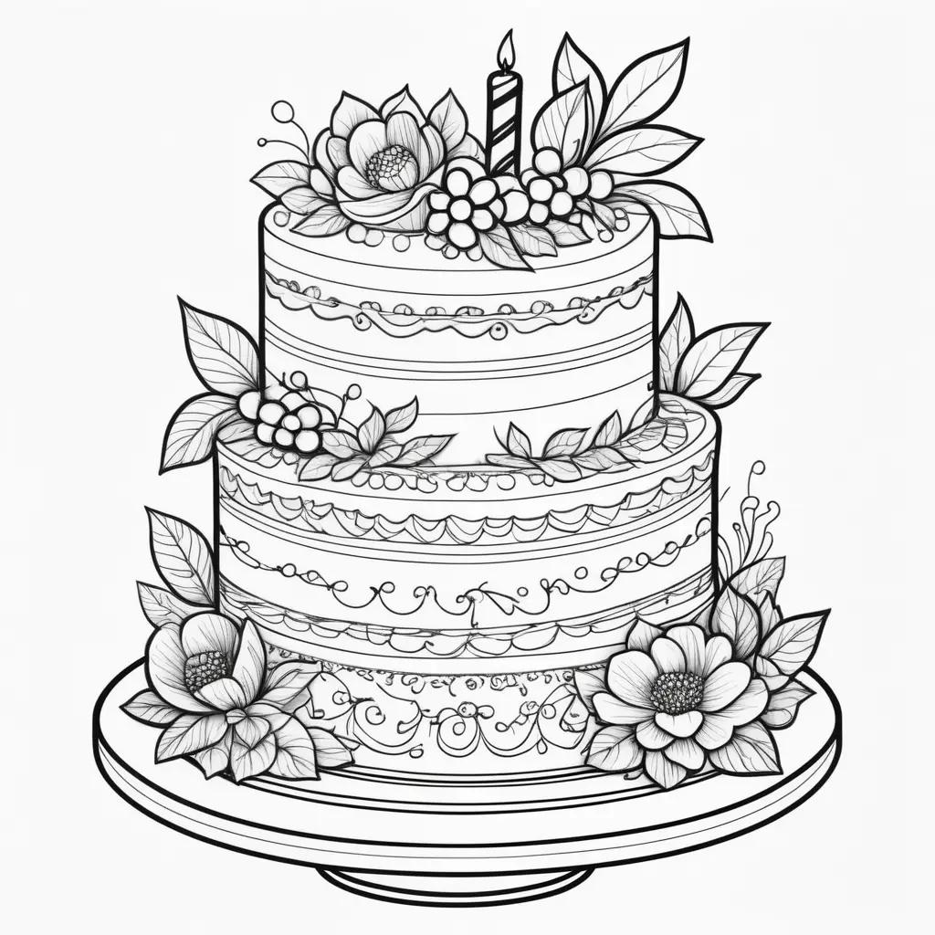 Black and white coloring page of a two-tiered cake with flowers