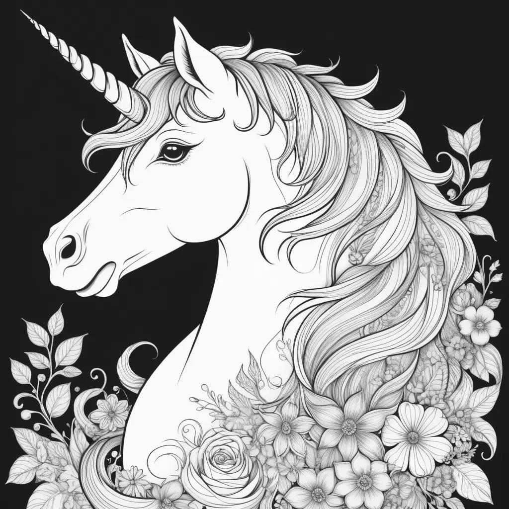 Black and white coloring page of a unicorn with flowers