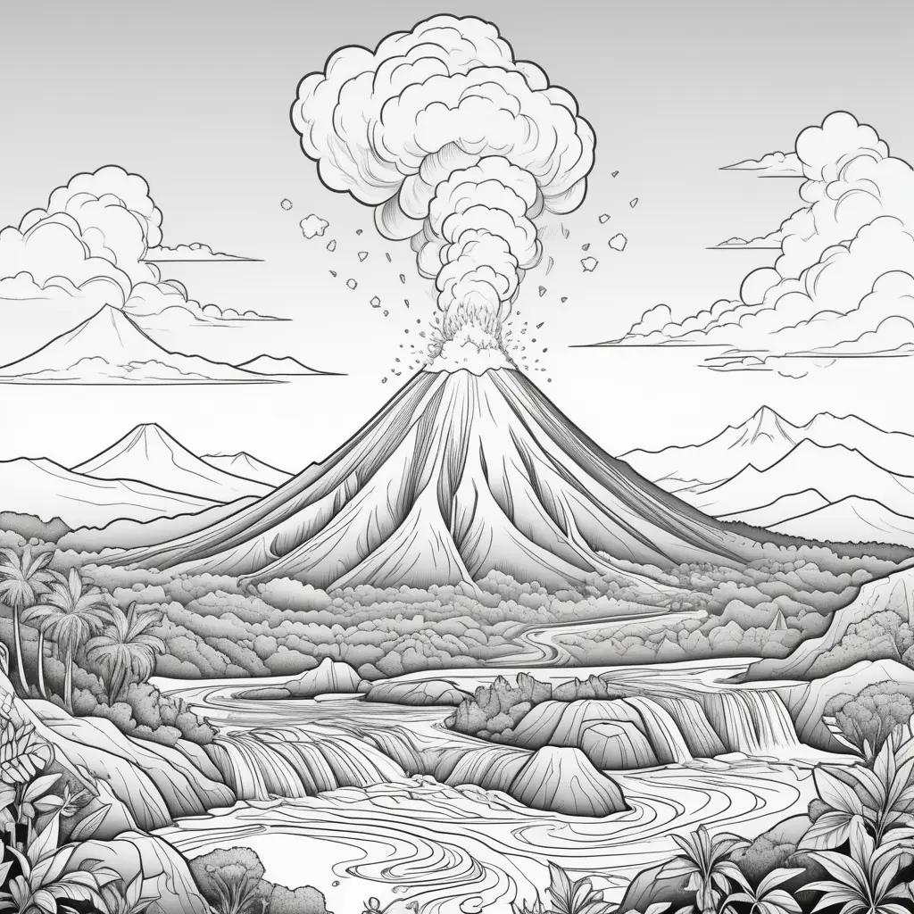 Black and white coloring page of a volcano