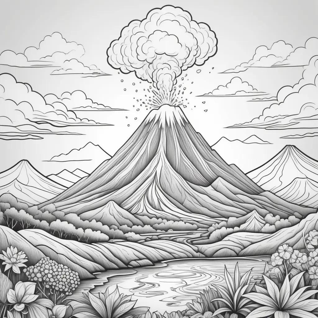 Black and white coloring page of a volcano with a forest in the background