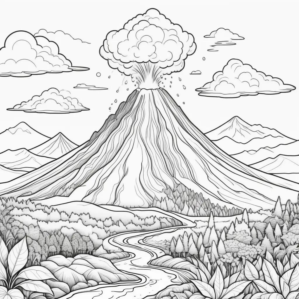 Black and white coloring page of a volcano with a stream and trees