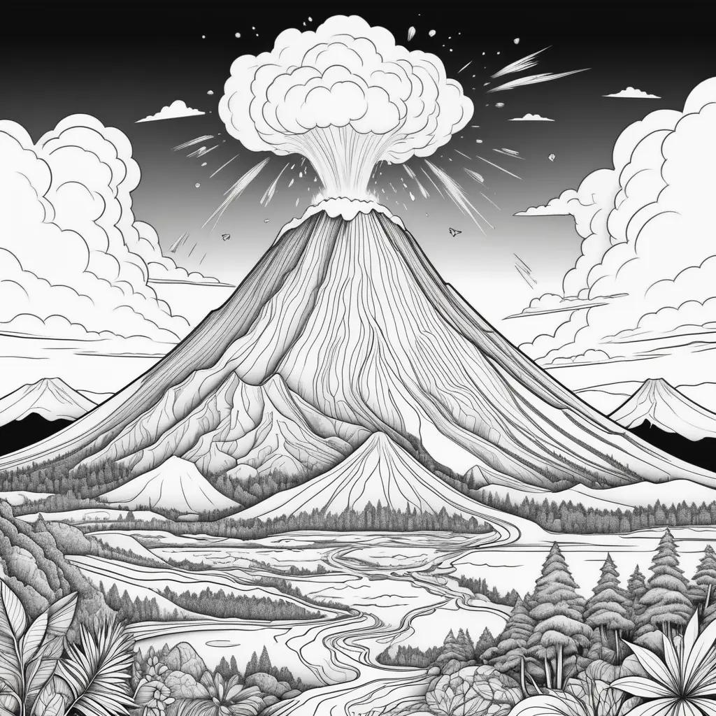 Black and white coloring page of a volcano with clouds and trees