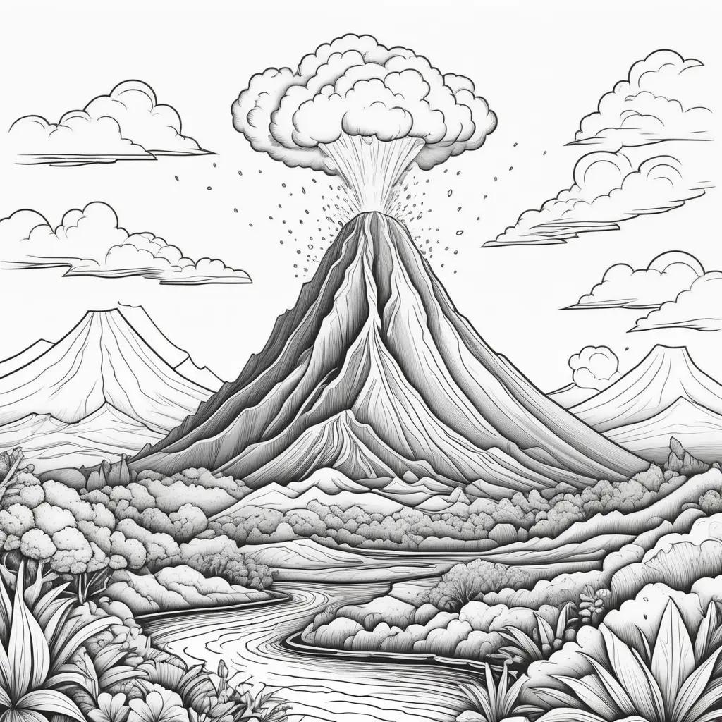 Black and white coloring page of a volcano with smoke