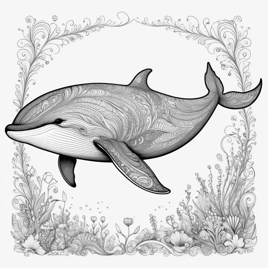 Black and white coloring page of a whale surrounded by flowers