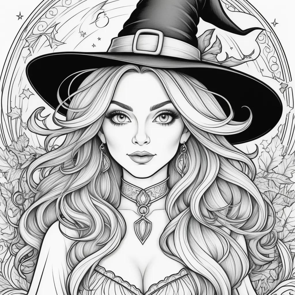 Black and white coloring page of a witch