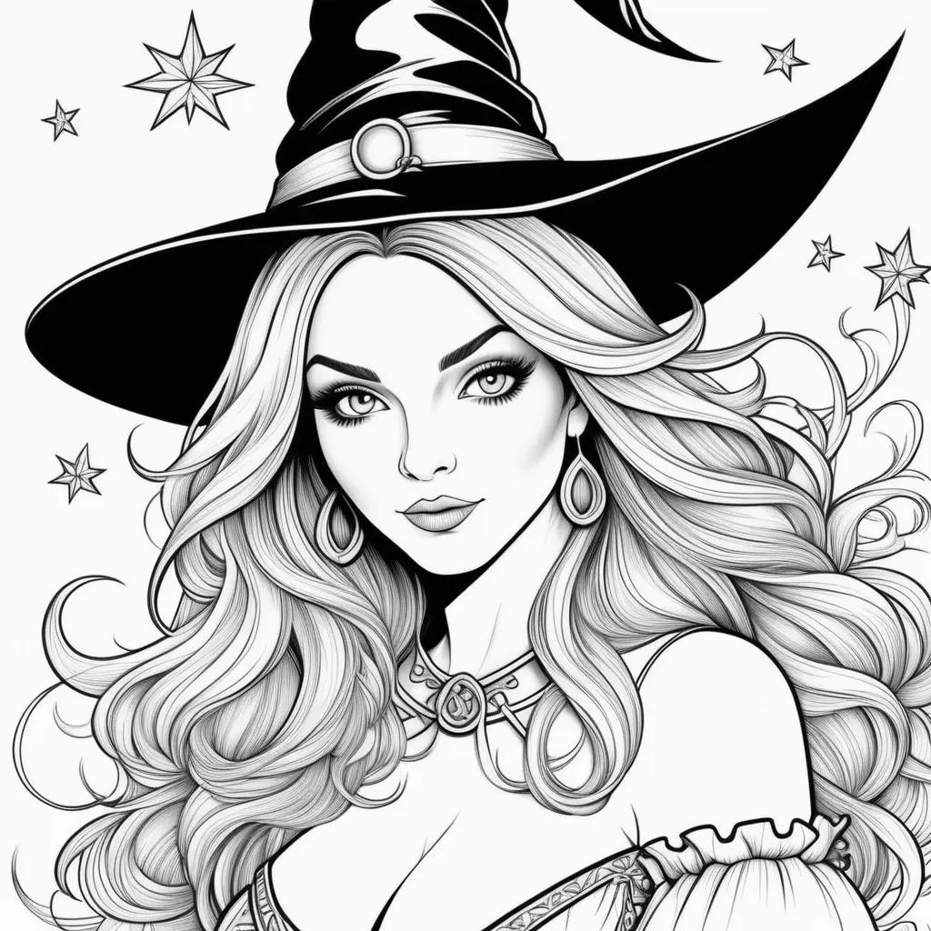 Black and white coloring page of a witch with stars