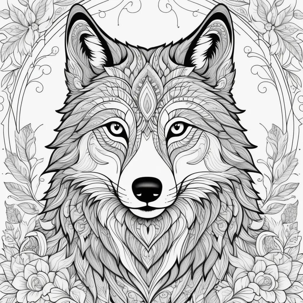 Black and white coloring page of a wolf with flowers and leaves