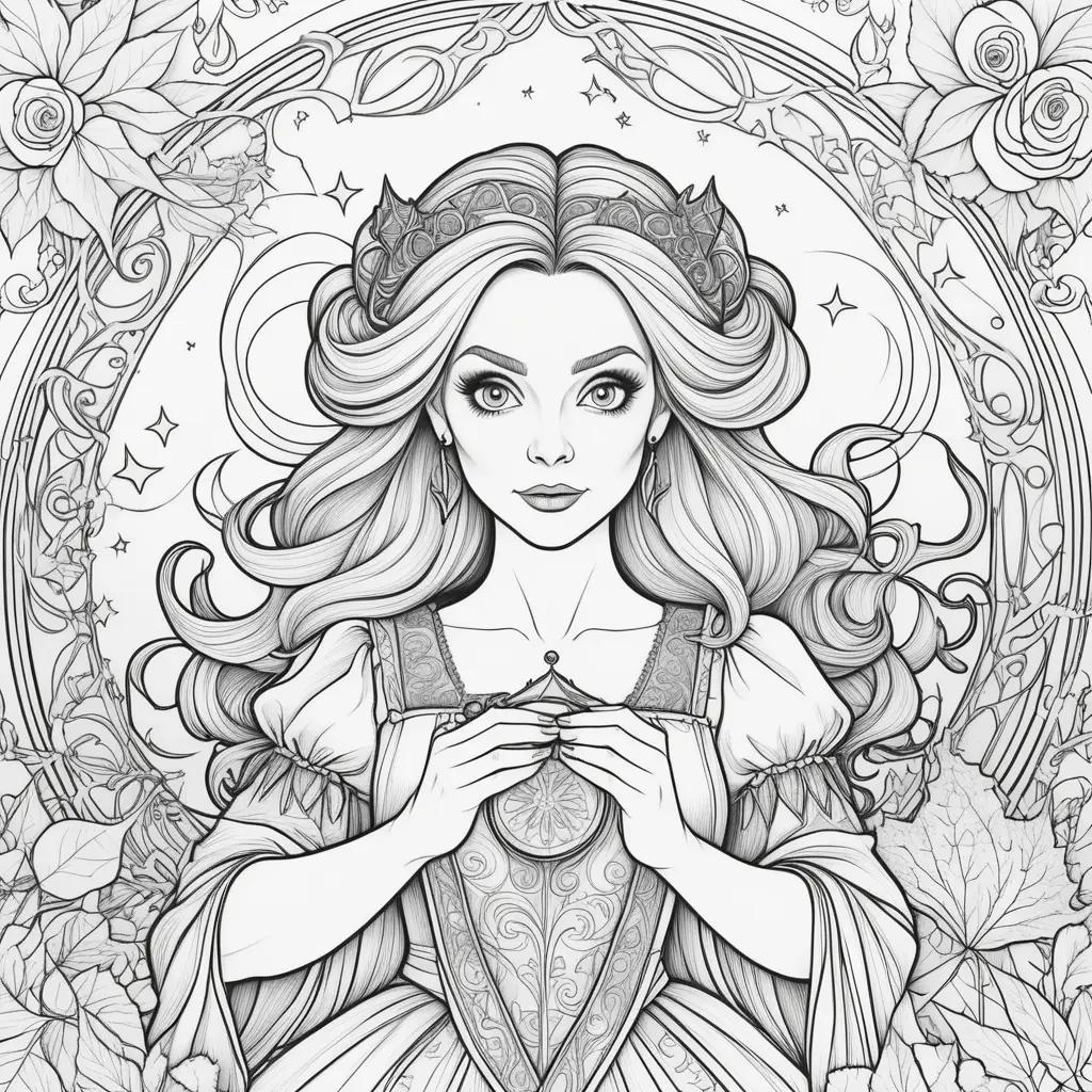 Black and white coloring page of a woman with a crown