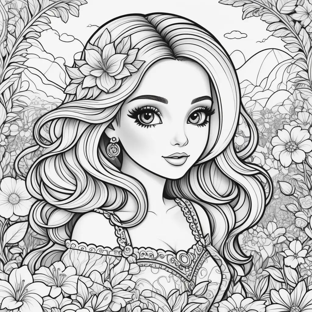 Black and white coloring page of a woman with flowers and earrings